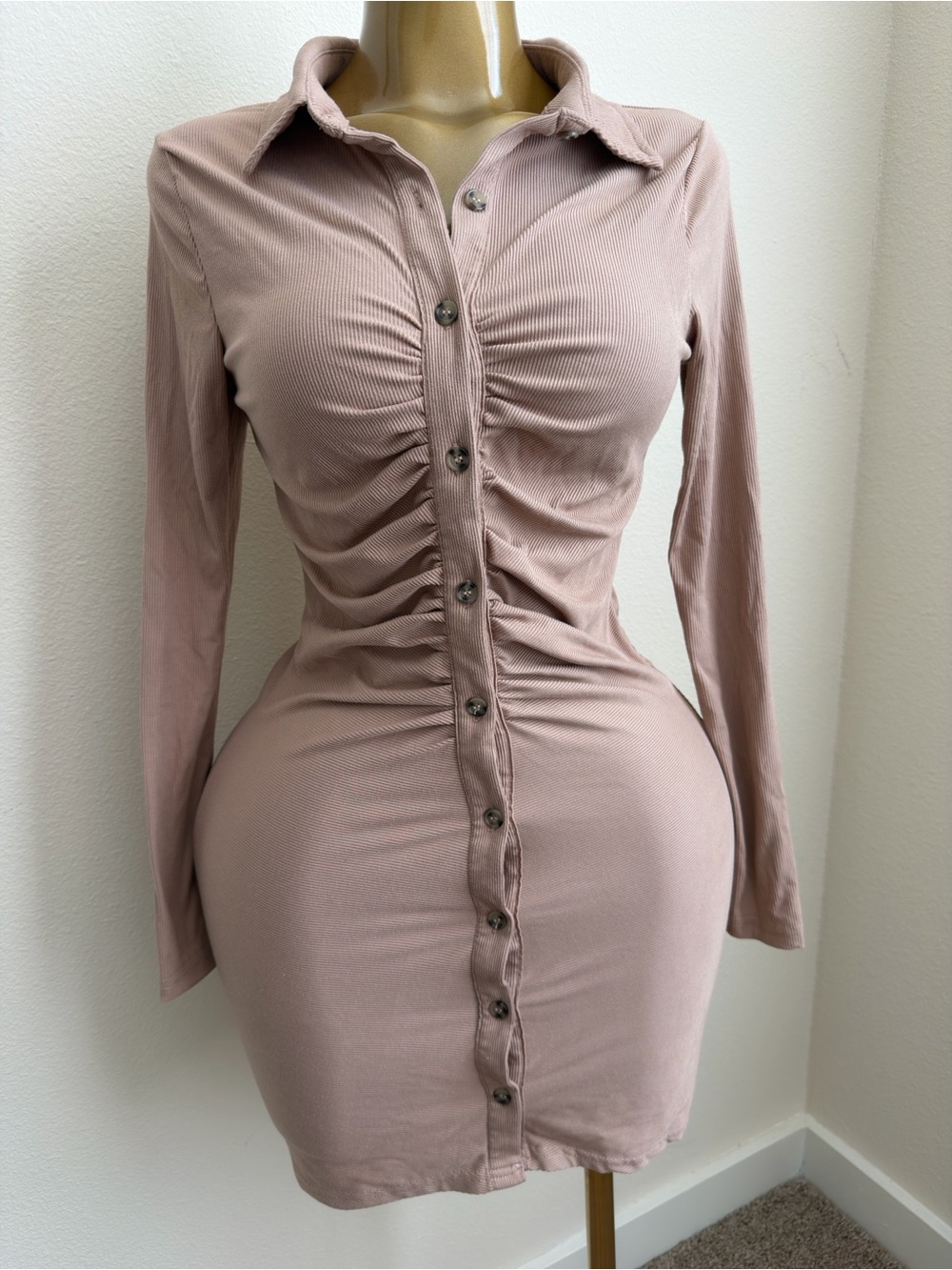 Ruched Button-Front Long Sleeve Dress - Dusty Mauve